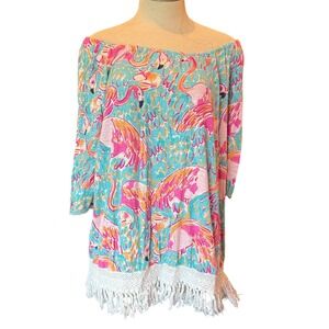 Lilly Pulitzer Flamingo Print Tassel Hem Tunic Top Small‎ Off Shoulder Cotton